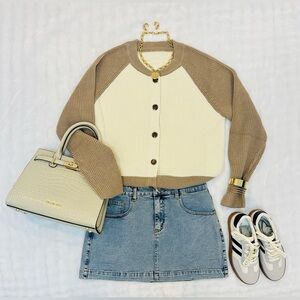 Stylish Tan and White Cardigan with Accent Buttons